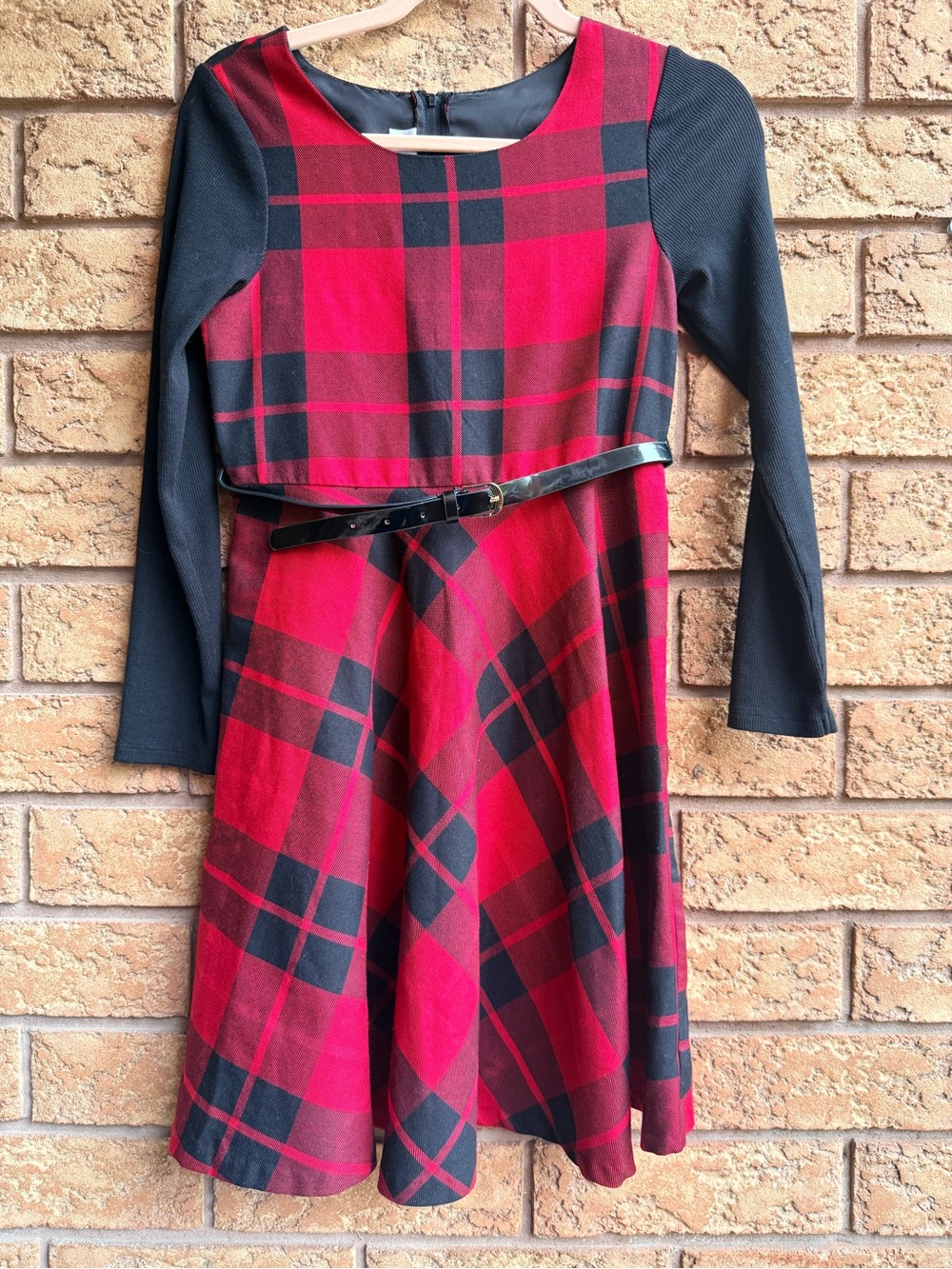 4/$25 • Iris & Ivy Plaid Fit-and-Flare Belted Dress with Black Sleeves